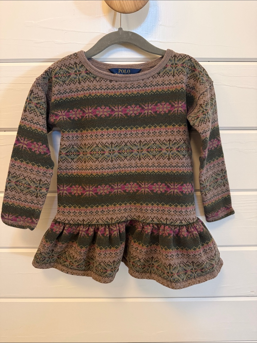 Polo by Ralph Lauren Olive & Pink Fair Isle Knit Peplum Sweater Dress